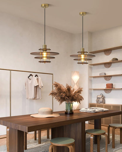Mid-Century Ring Pendant Light in Gold &amp; Walnut