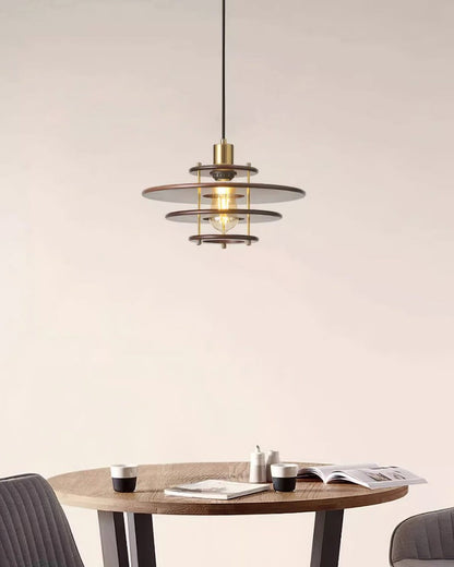 Mid-Century Ring Pendant Light in Gold &amp; Walnut