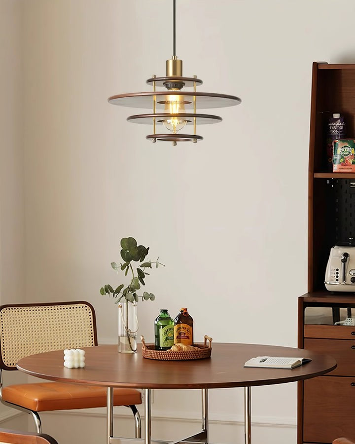 Mid-Century Ring Pendant Light in Gold &amp; Walnut