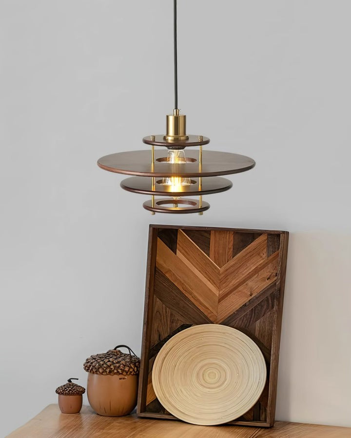 Mid-Century Ring Pendant Light in Gold &amp; Walnut