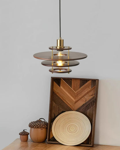 Mid-Century Ring Pendant Light in Gold &amp; Walnut