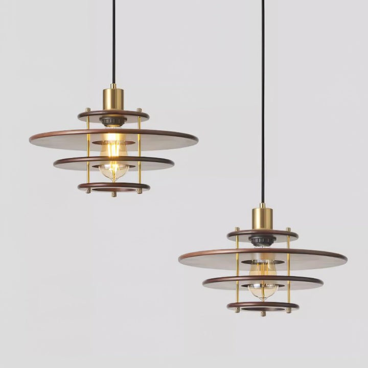 Mid-Century Ring Pendant Light in Gold &amp; Walnut