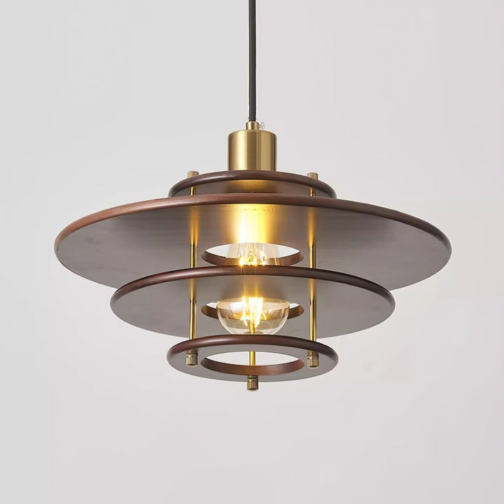 Mid-Century Ring Pendant Light in Gold &amp; Walnut
