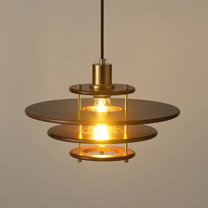 Mid-Century Ring Pendant Light in Gold &amp; Walnut