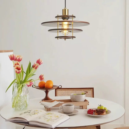 Mid-Century Ring Pendant Light in Gold &amp; Walnut