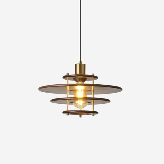 Mid-Century Ring Pendant Light in Gold &amp; Walnut