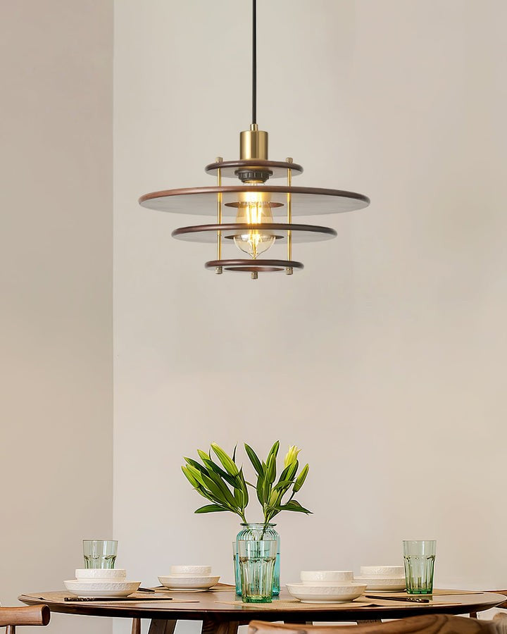 Mid-Century Ring Pendant Light in Gold &amp; Walnut