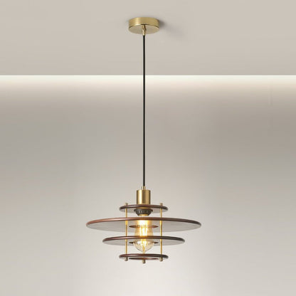 Mid-Century Ring Pendant Light in Gold &amp; Walnut