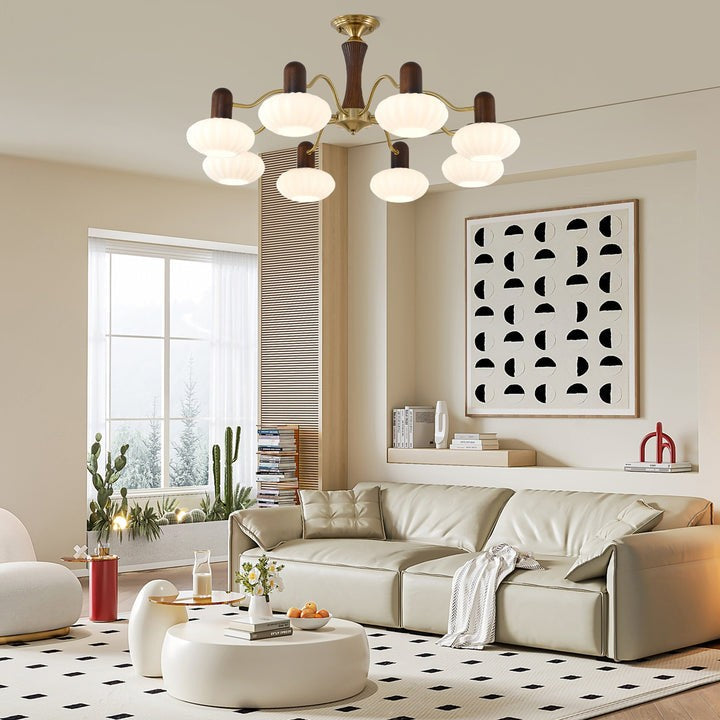 Mid-Century Walnut Wood & Metal Chandelier