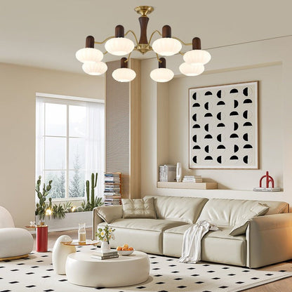 Mid-Century Walnut Wood & Metal Chandelier