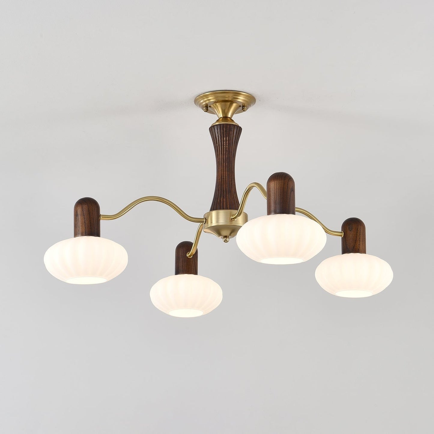 Mid-Century Walnut Wood & Metal Chandelier