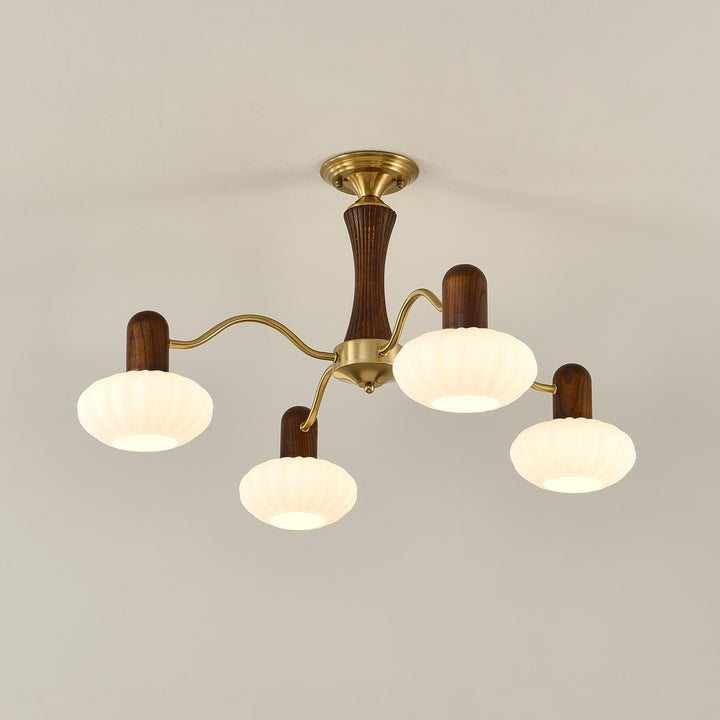 Mid-Century Walnut Wood & Metal Chandelier