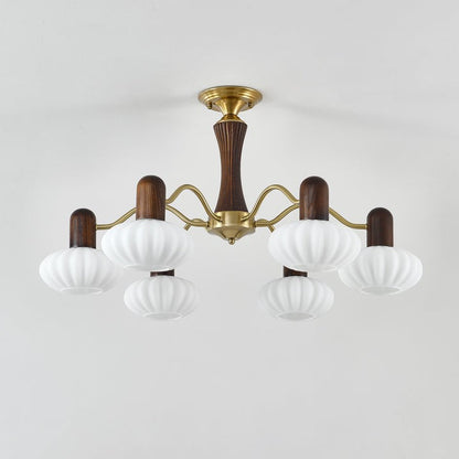 Mid-Century Walnut Wood & Metal Chandelier
