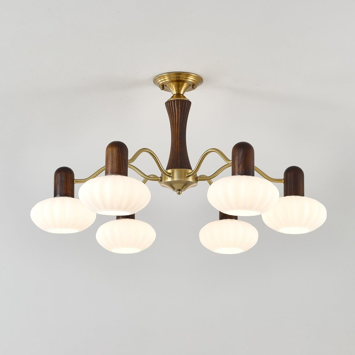 Mid-Century Walnut Wood & Metal Chandelier