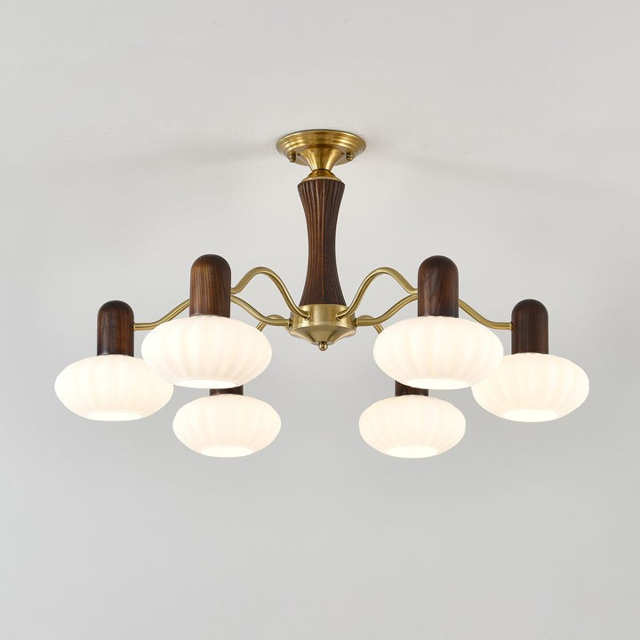 Mid-Century Walnut Wood & Metal Chandelier