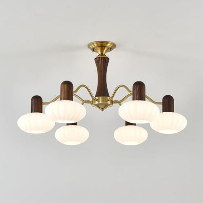 Mid-Century Walnut Wood & Metal Chandelier