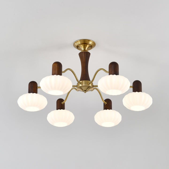 Mid-Century Walnut Wood & Metal Chandelier