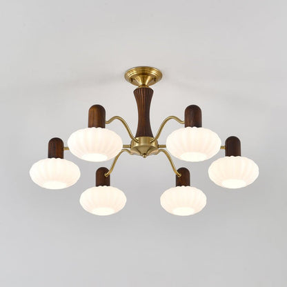 Mid-Century Walnut Wood & Metal Chandelier