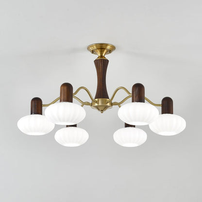 Mid-Century Walnut Wood & Metal Chandelier