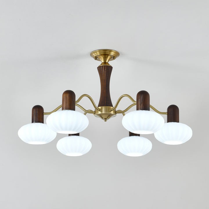Mid-Century Walnut Wood & Metal Chandelier