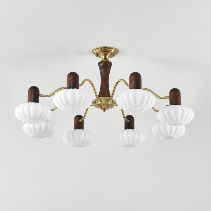 Mid-Century Walnut Wood & Metal Chandelier