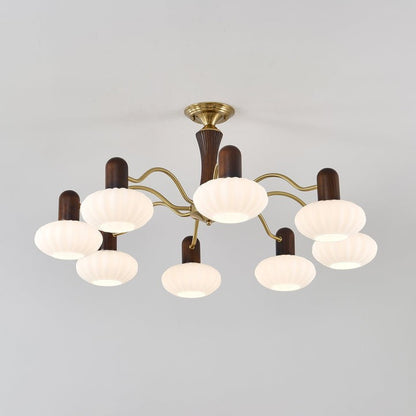 Mid-Century Walnut Wood & Metal Chandelier