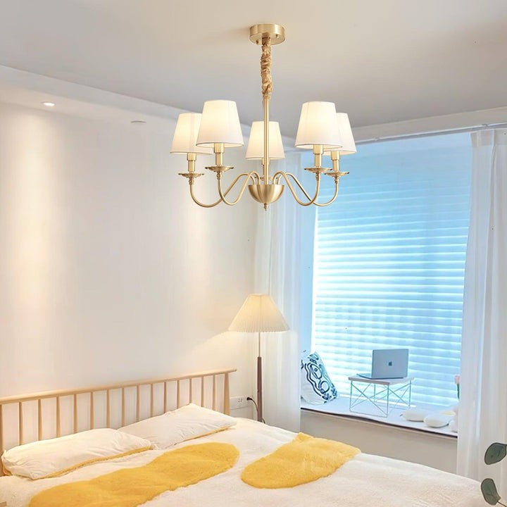 Modern Brass Chandelier with Tapered Fabric Shades