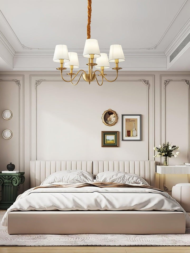 Modern Brass Chandelier with Tapered Fabric Shades