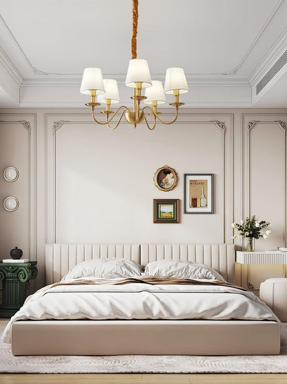 Modern Brass Chandelier with Tapered Fabric Shades