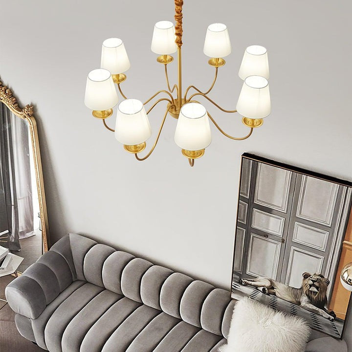 Modern Brass Chandelier with Tapered Fabric Shades