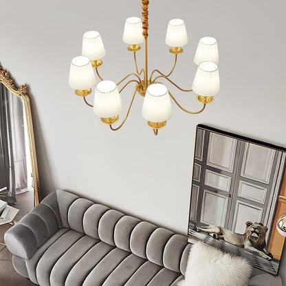 Modern Brass Chandelier with Tapered Fabric Shades