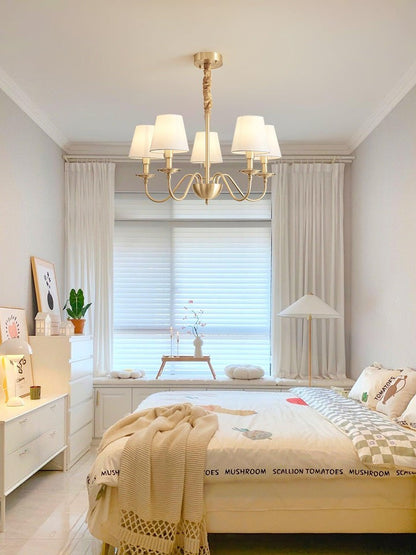 Modern Brass Chandelier with Tapered Fabric Shades