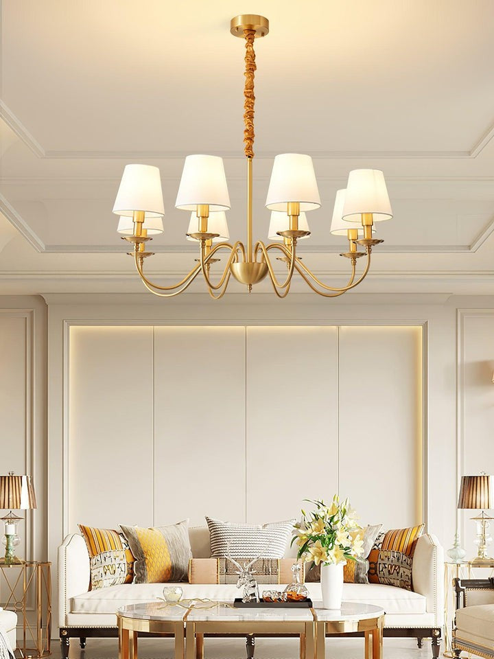 Modern Brass Chandelier with Tapered Fabric Shades