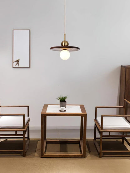 Modern Walnut Flying Saucer Pendant Light