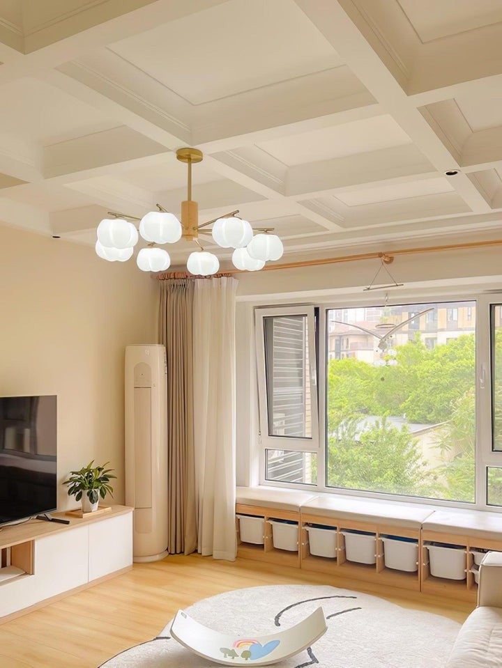 Modern Wooden Sphere Chandelier with Gold Accents