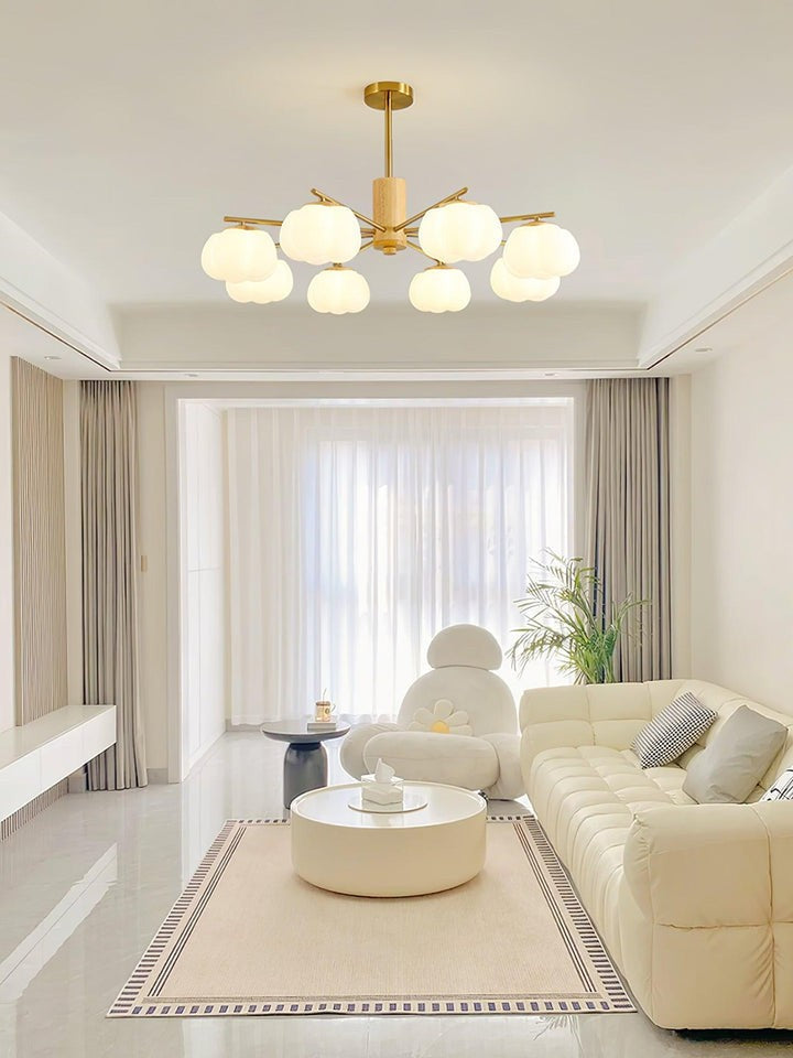 Modern Wooden Sphere Chandelier with Gold Accents