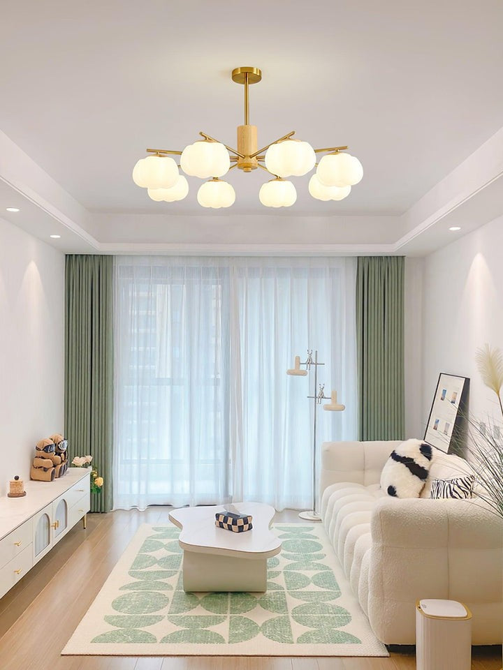 Modern Wooden Sphere Chandelier with Gold Accents