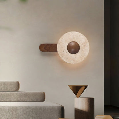 Moon Shaped Travertine & Wood Wall Sconce