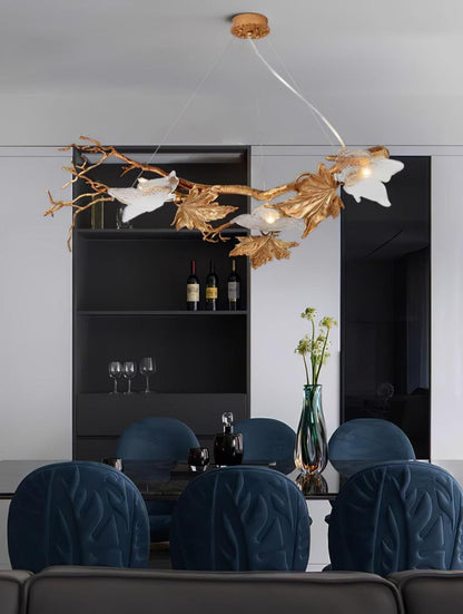 Mottled Brass Maple Leaf Branch Chandelier