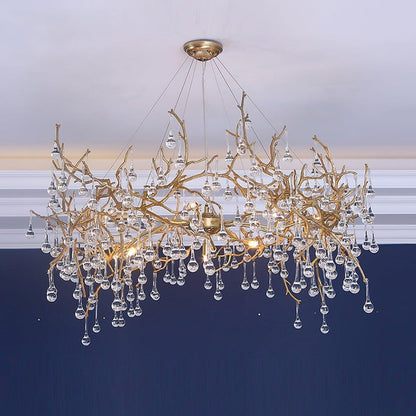 Natural Branch Brass & Crystal Chandelier – Modern Ceiling Light