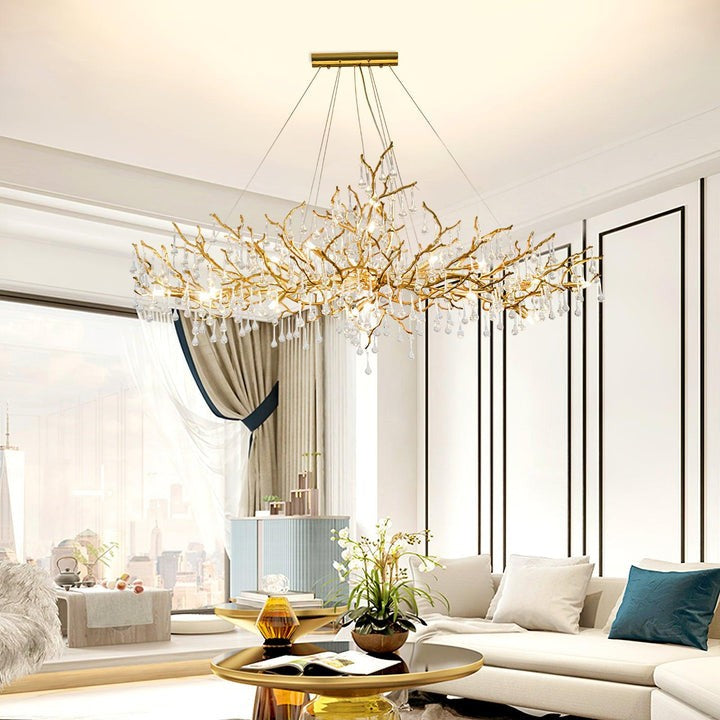Natural Branch Brass & Crystal Chandelier – Modern Ceiling Light