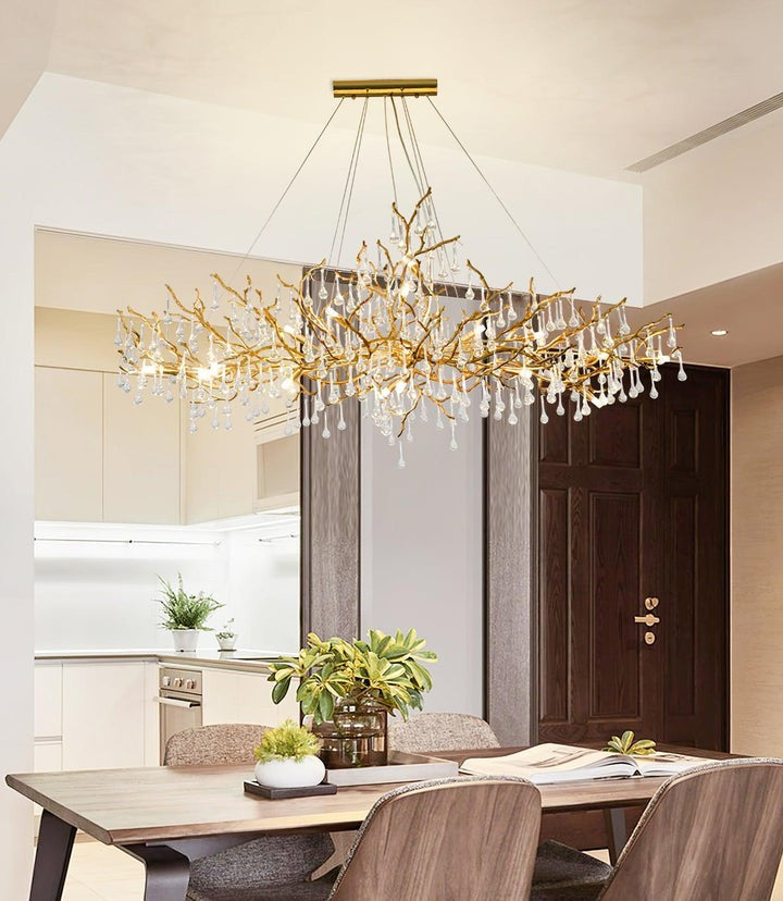 Natural Branch Brass & Crystal Chandelier – Modern Ceiling Light