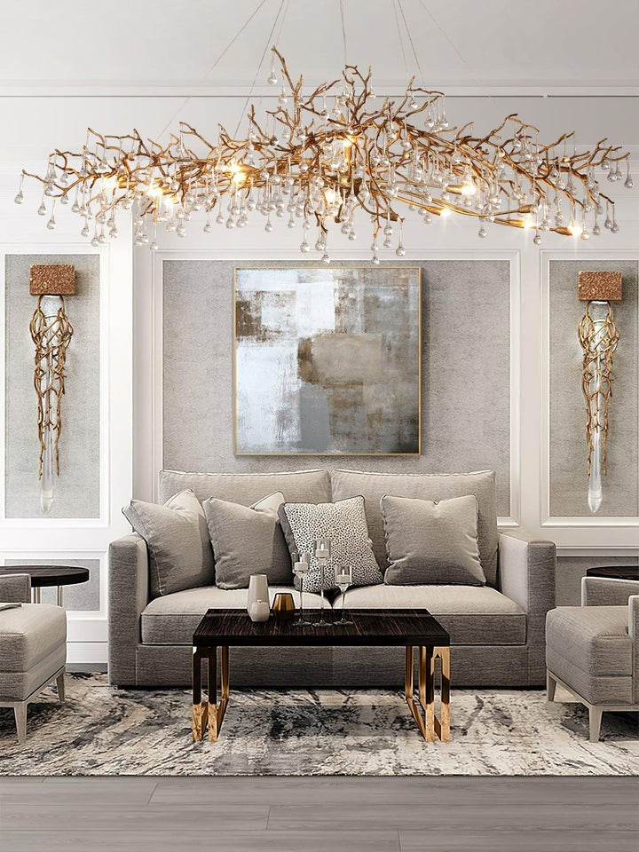 Natural Branch Brass & Crystal Chandelier – Modern Ceiling Light