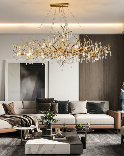 Natural Branch Brass & Crystal Chandelier – Modern Ceiling Light