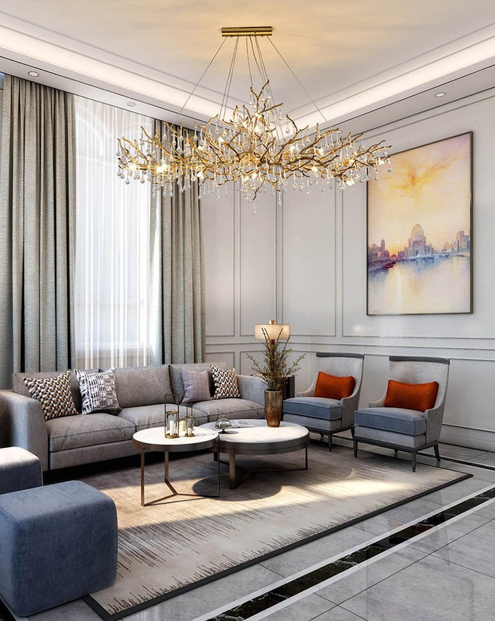 Natural Branch Brass & Crystal Chandelier – Modern Ceiling Light