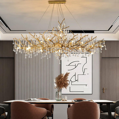 Natural Branch Brass & Crystal Chandelier – Modern Ceiling Light