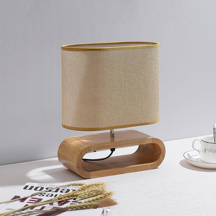 Natural Wood Table Lamp with Brown Fabric Shade