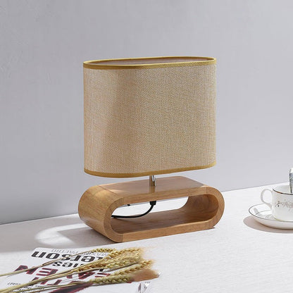 Natural Wood Table Lamp with Brown Fabric Shade