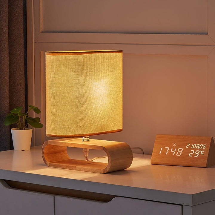 Natural Wood Table Lamp with Brown Fabric Shade