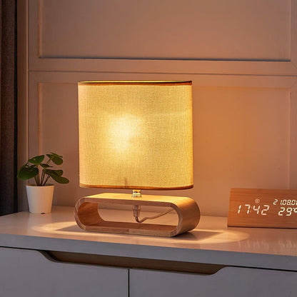 Natural Wood Table Lamp with Brown Fabric Shade